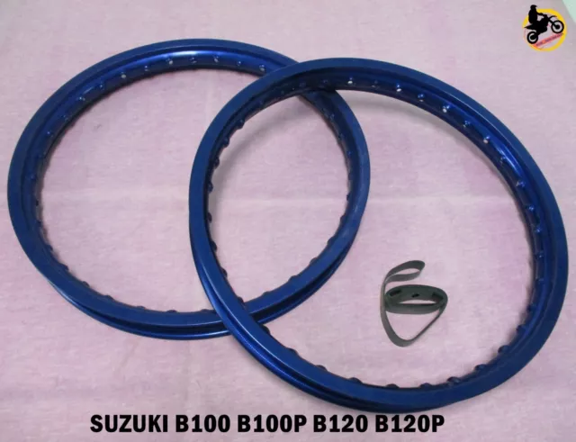 FIT SUZUKI B100 B100P B120 B120P ALU BLUE FRONT + REAR WHEEL RIM SET  *nan3775*