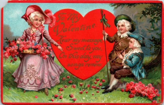 UNUSED Valentines Day Postcard French Court Children Musician Sam Gabriel 405 QZ