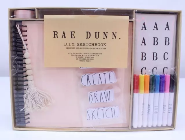 NUEVO Kit de cuaderno de bocetos Rae Dunn hágalo usted mismo con pegatinas marcadores cinta Washi libro artesanal rosa
