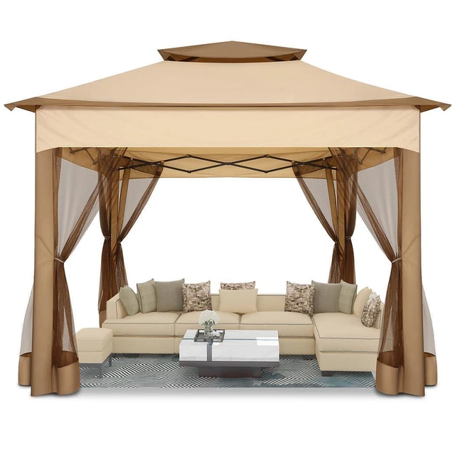 11' x 11' Metal Outdoor Gazebo Canopy w/Mesh Netting & Double-Tier Roof Camping#