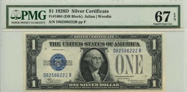 1928D $1 Silver Certificate Blue Seal Fr# 1604 PMG Superb 67 EPQ