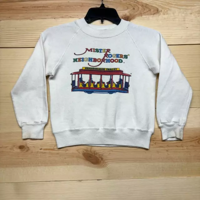 Vintage Mr Rogers Sweater Kids Smal White Crewneck Pullover Sweatshirt 1985 *