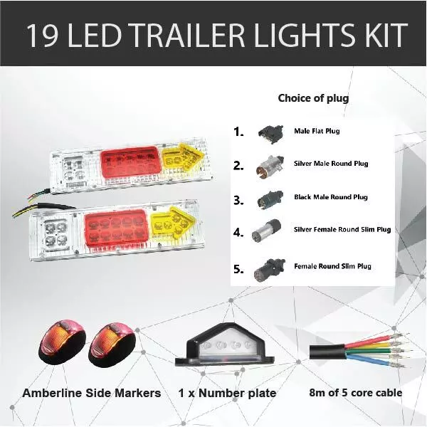 2 x 19 LED TRAILER LIGHTS KIT, Trailer Plug, CABLE, Side Marker, No. Plate Light