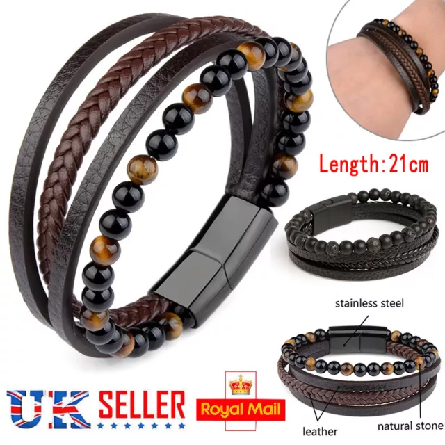 Mens Braided Leather Bracelet Wristband Stainless Steel Clasp Jewellery Gift UK