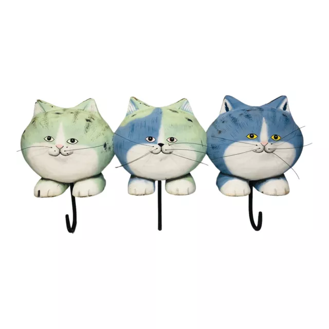 Wall Mounted Cat Coat Rack Hand-Painted Wood With Metal Hooks Green and Blue
