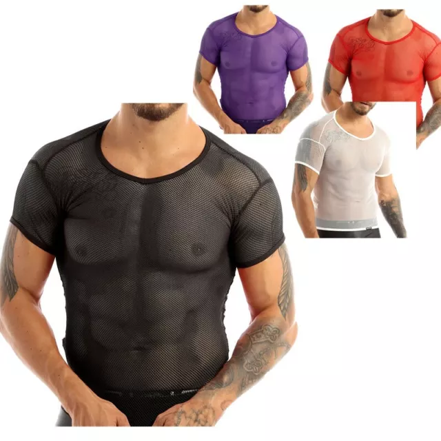 T-shirt uomo iEFiEL top maniche corte camicia a rete canottiera trasparente rete camicia sexy