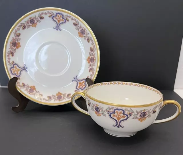 Haviland Limoges Tea Cup & Saucer Double Handle Floral Garland Gold Trim France