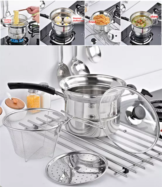 Stainless Steel Deep Saucepan Cooking Pot With Glass Lid & Frying Basket