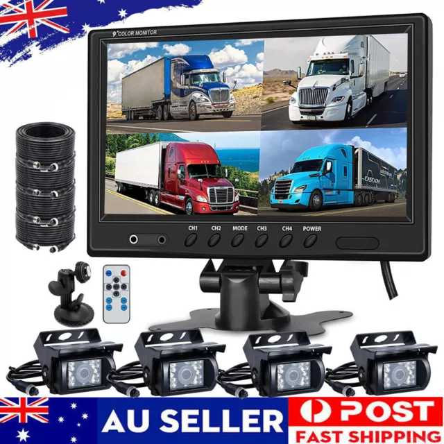 9" Quad Split Monitor Screen 4 Reverse Backup Ccd Camera System For Bus Truck Rv