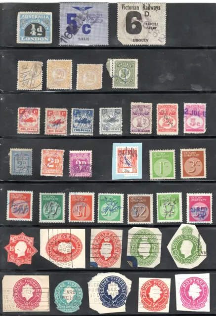 Page of 37 early mixed lot of Australian Stamp duty, railway and cut outs Stamps