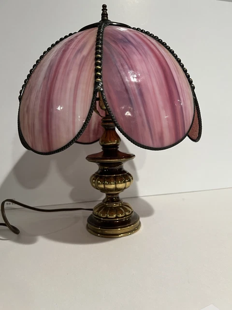 Vintage Golden Brass Lamp Unique Rare Tiffany Style Pink Stained Glass Shade