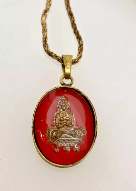 Vintage Reverse Carved Painted Glass Buddha Charm Pendant Necklace