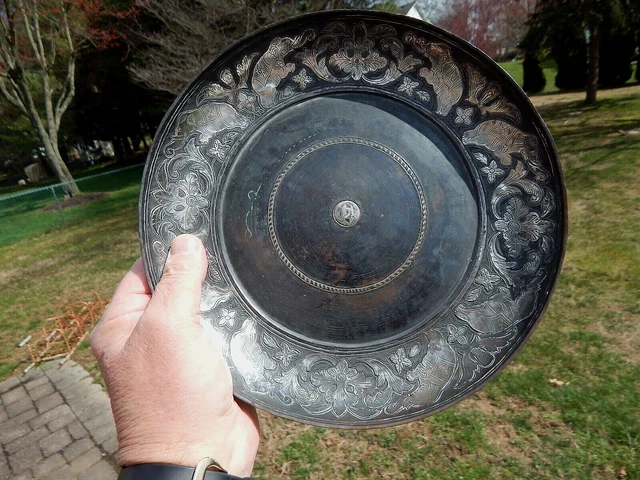 Antique Thick Sterling Silver On Heavy Bronze 8 3/4 Inch Plate W/ Elephants