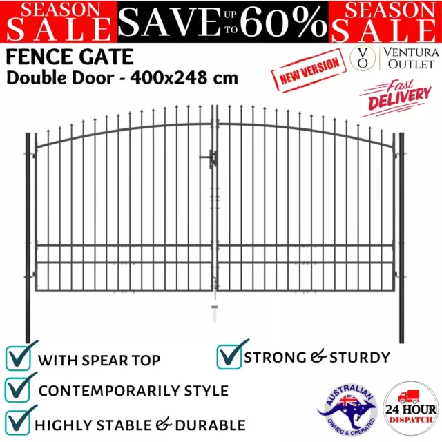 Outdoor Steel Fence Gate Double Door with Spear Spike Top Garden Barrier - Black