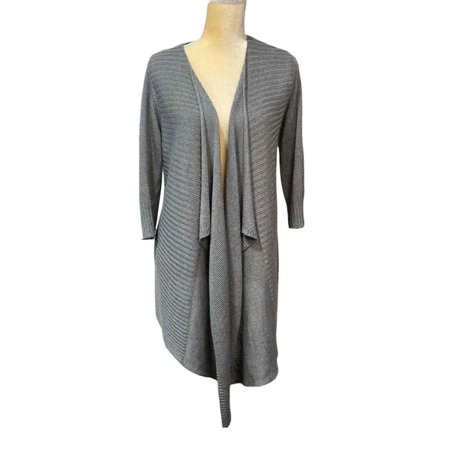 EILEEN FISHER Cardigan Sweater Size M Gray Linen Silk Blend Open Front Ribbed