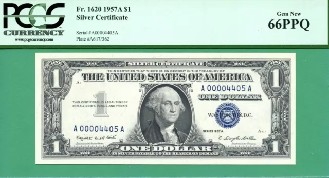 LOW SERIAL A00004405A - 1957A $1 SC - PCGS GEM 66 with PPQ - Fr 1620 - 1957 A