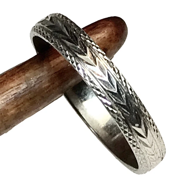 Bague Ancienne En Argent Massif 925 - Style Jonc Alliance, Motif Cordage, Taille 51