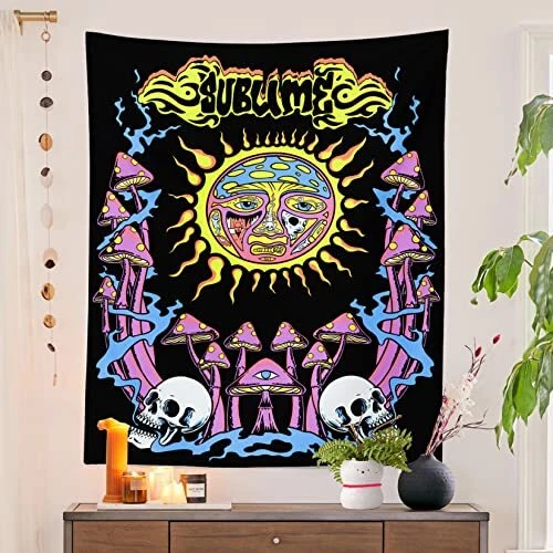 Miytal Trippy Sublime Sun Tapestry Hippie Aesthetic Mushroom Poster Skull Ver...
