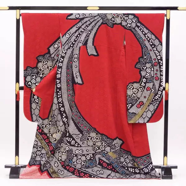 Japanese Silk Kimono Robe Vintage Furisode Gold Classical Pattern Red Black JP