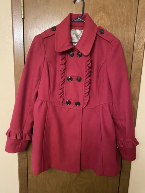 Kensie Womens Red Ruffle Pea Coat Size XL