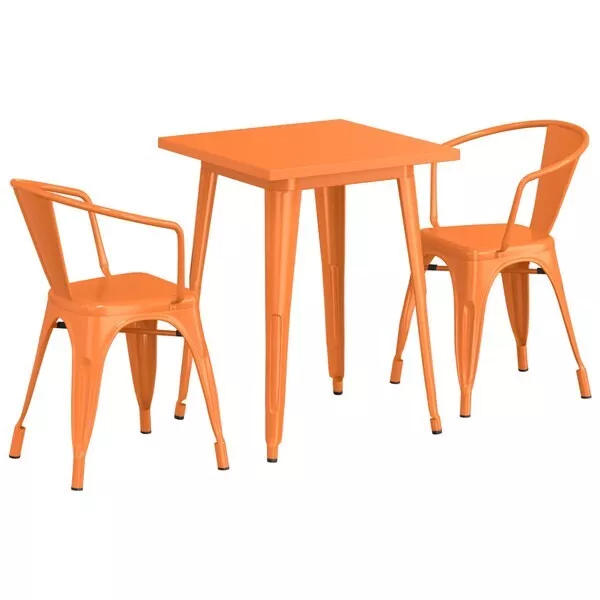 23.5'' Square Orange Metal Restaurant Table Set with 2 Armchairs For Outdoor Use
