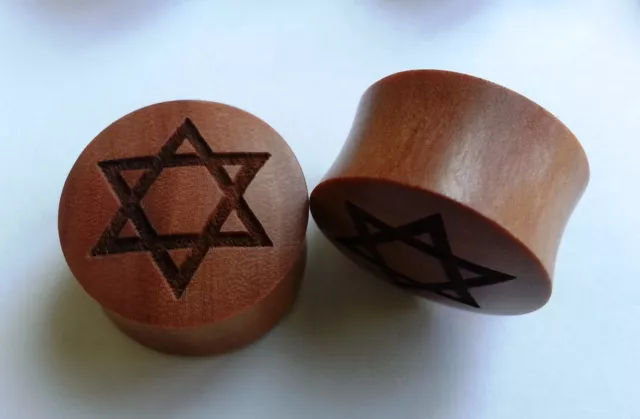 Pair ORGANIC Handmade David Star Symbol Saba Wood Saddle Ear Plugs Tunnel Gauges