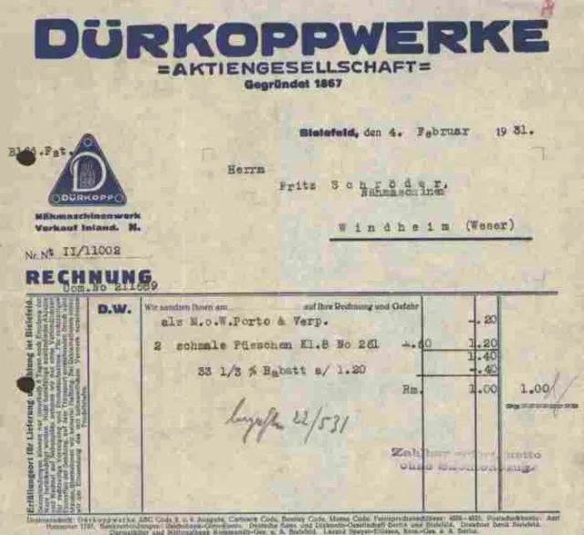 Dürkoppwerke AG Automobil 1931 Bielefeld FAG Barthel Schweinfurt Windheim Weser