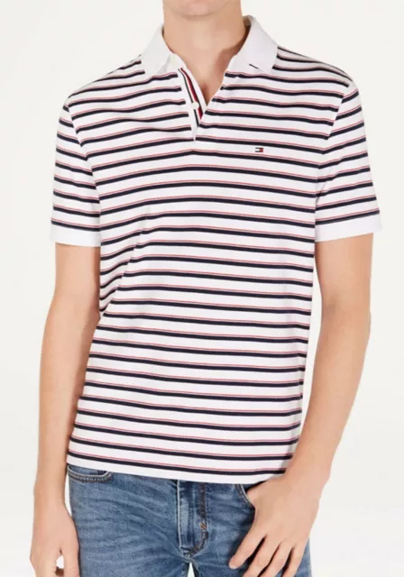 Tommy Hilfiger Men's White Murray Stripe Custom Fit Short Sleeve Polo Shirt