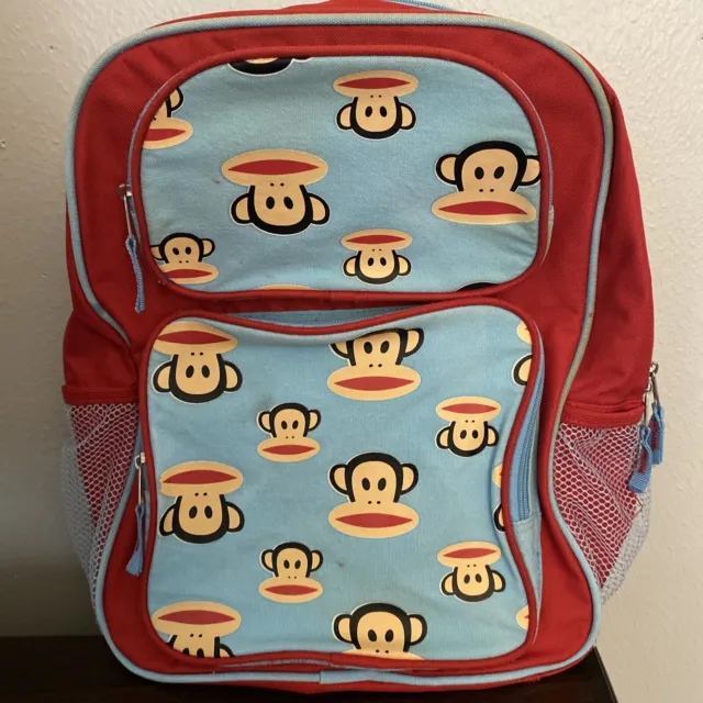 Paul Frank Kids Backpack Monkeys Red & Blue W/ 2 Front Pockets & 2 Side Pockets