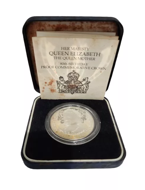 1980 Silver Proof Crown Queen Elizabeth Queen Mother 80th Birthday Coin COA Box