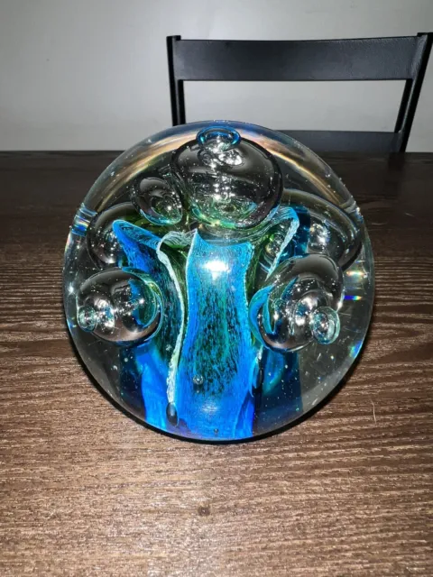 Vtg MCM Large Studio Art Glass Paperweight Controlled Bubbles Blue Green