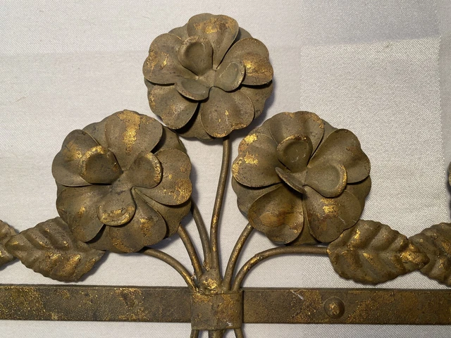 Vintage Gold Ptd Wrought Iron Coat Clothes Rack Floral Porcelain Knobs 3