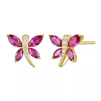 1CT Simulé Rubis & Diamant Papillon Boucles D'Oreilles 14K Jaune or Sur