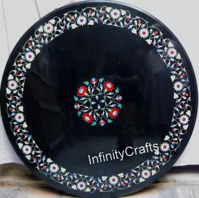 42 x 42 Inches Black Round Marble Dining Table Top Pietra Dura Art Hallway Table