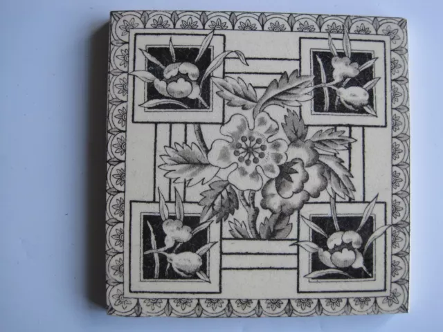 Antique Victorian Black On Buff Floral Transfer Print Wall Tile T & R Boote?