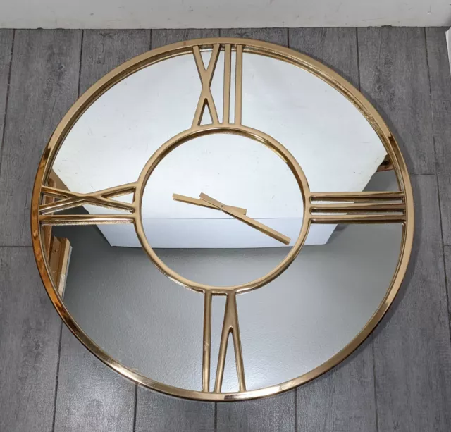 Round 30" Mirrored Wall Clock Mid Century Modern Art Deco Minimalist Style Brass