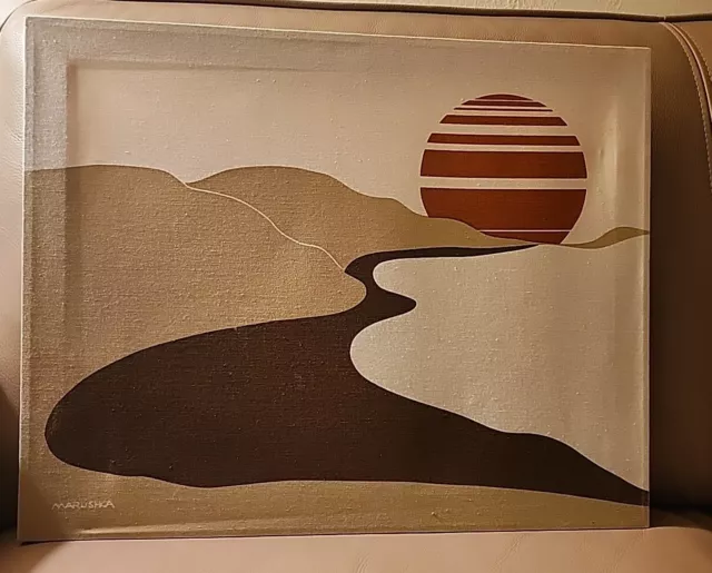 Vintage Marushka Screen print  Sunset Beach 1970s Era Classic Fabric Art 20"x16"