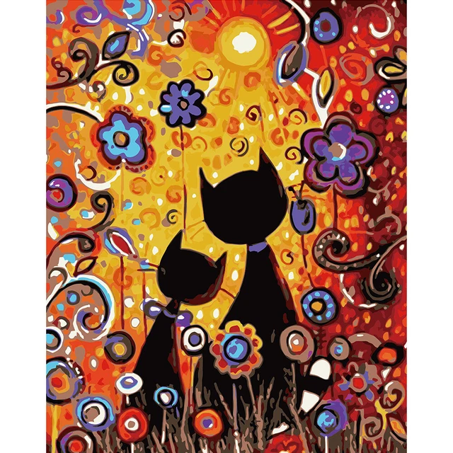 Pintura al óleo sobre lienzo para dos gatos pintura acrílica pintada a mano colorear por números HY