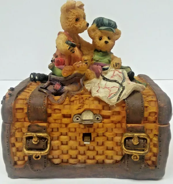 teddy bear coin bank lock box w key safe safari trunk child gift piggy resin
