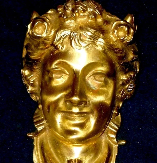 LARGE FRENCH ANTIQUE GILDED BRONZE/BRASS PEDIMENT MOUNT FLORA FACE 29 x 13cm
