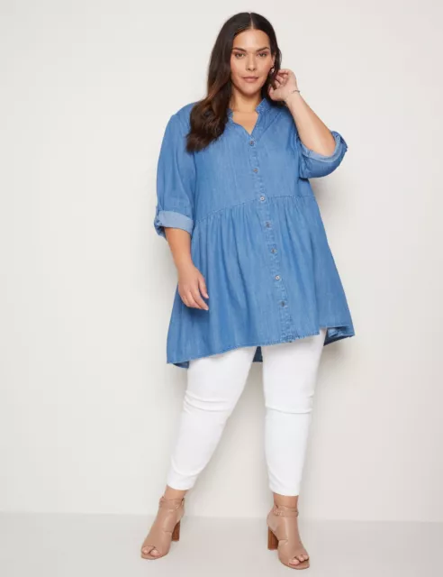 AUTOGRAPH - Plus Size - Womens Tops -  3/4 Roll Sleeve Denim Peplum Top