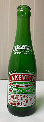 Vintage Soda Pop  Bottle  - ACL -  Lakeview (Green) , Webster, Mass   7 Oz