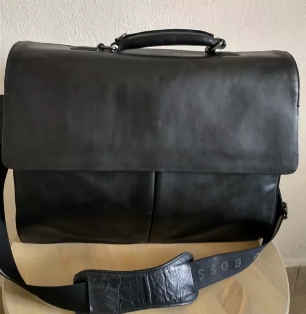 BOSS HUGO BOSS Mens Messenger Crossbody Briefcase Black Leather