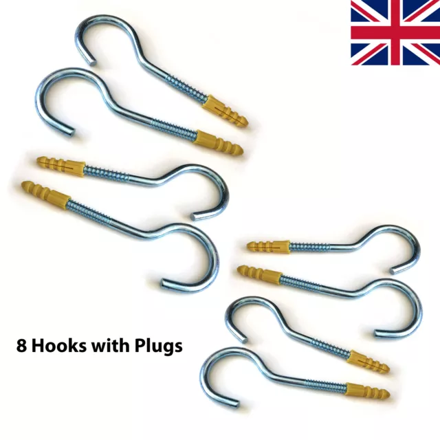 8 x LARGE 100mm Screw Hooks HEAVY DUTY Garden Shed Storage Hangers + Wall Plugs