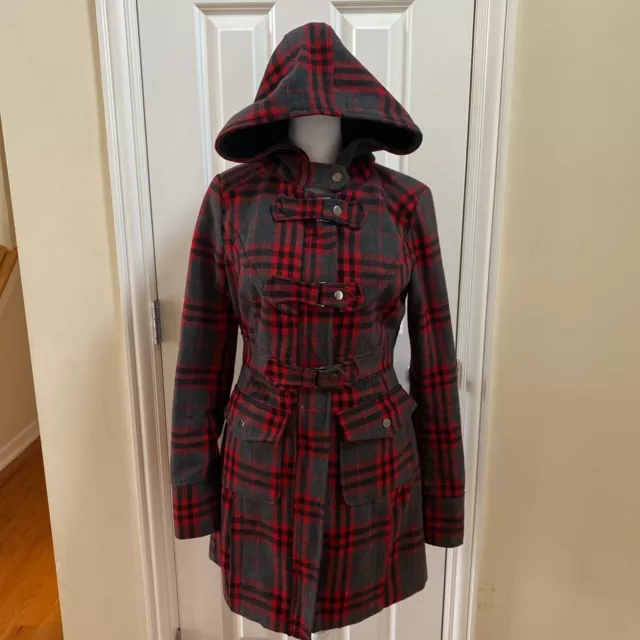 Wet Seal Red Gray and Black Plaid Winter Duffle Coat Size Small