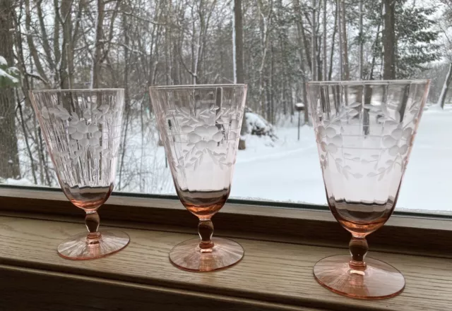 Lot of 3 Antique Floral Etched Pink Depression Glass Footed 6 1/2” Goblets