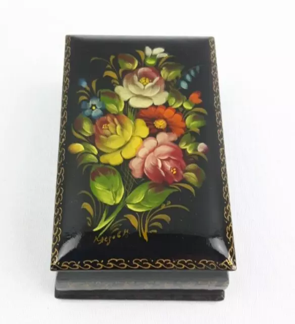 Hand Painted & Signed 10.5cm Lidded Black Lacquered Box - Trinket Floral Vintage
