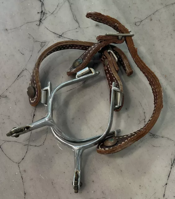 VINTAGE WESTERN Cowboy HORSE RIDING SPURS, LEATHER STRAPS, MARKED KOREA
