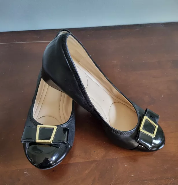 Cole Haan Black Leather Wedge Ballet Women's Shoes Sz 8 Bow Cap Toe