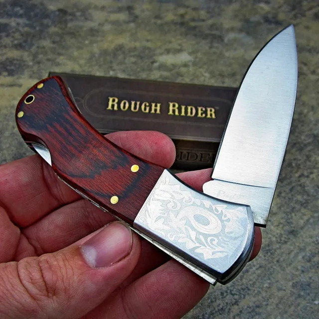 Rough Rider Wood Handles Scroll Work Bolster Lockback Folding Pocket Knife NEW